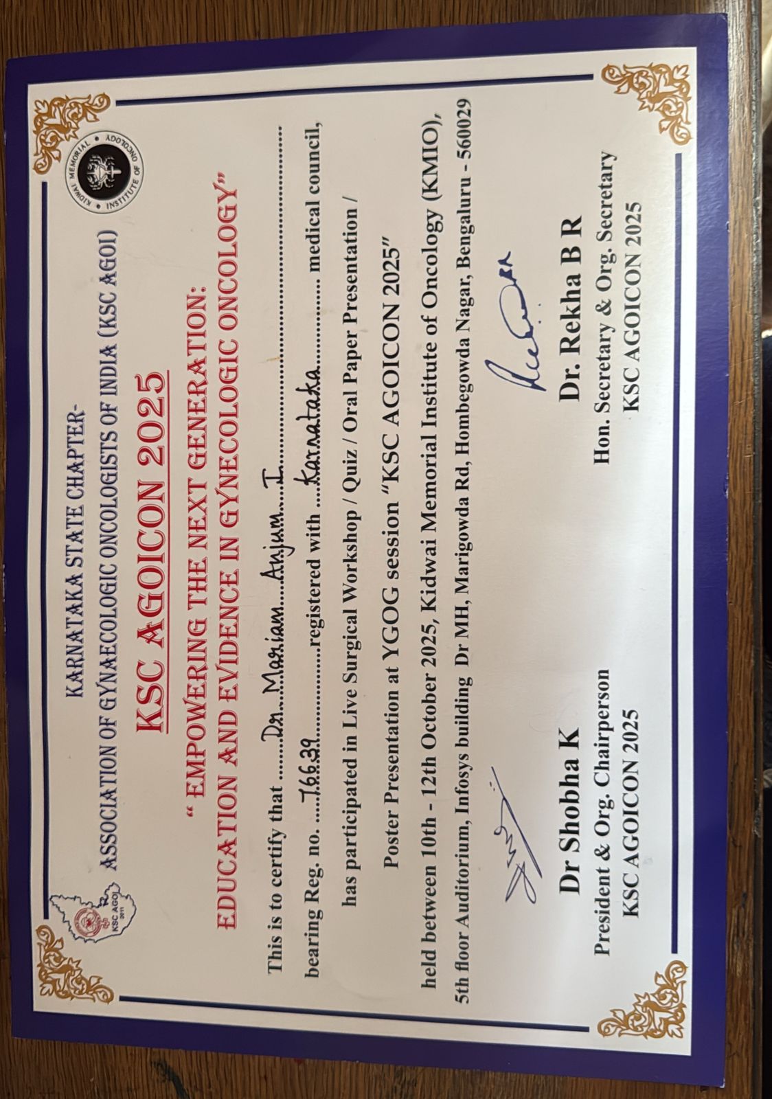 Dr. Mariam Anjum — KSC AGOI — Certificate